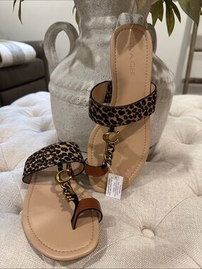 Coach Leopard-Print & Tan Chain-Accent Toe-Ring Sandals